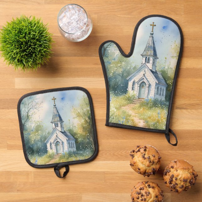 Rustic Church Path in Wildflower Meadow Oven Mitt & Pot Holder Set (Top Down)