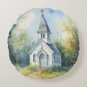 Rustic Church Path in Wildflower Meadow Round Pillow