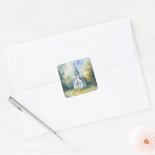 Rustic Church Path in Wildflower Meadow Square Sticker (Envelope)