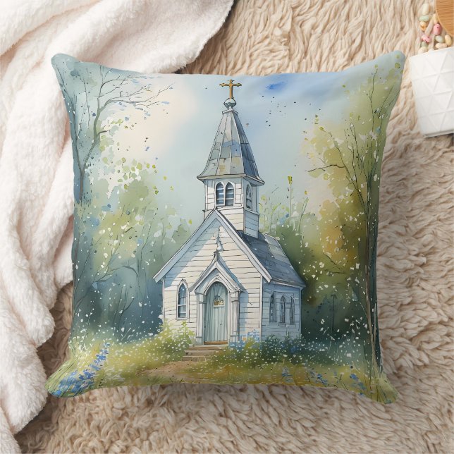 Rustic Church Path in Wildflower Meadow Throw Pillow (Blanket)
