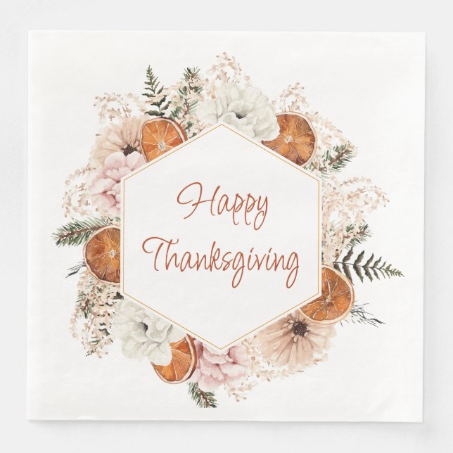 Rustic Citrus And Pine Happy Thanksgiving Napkin (Front)