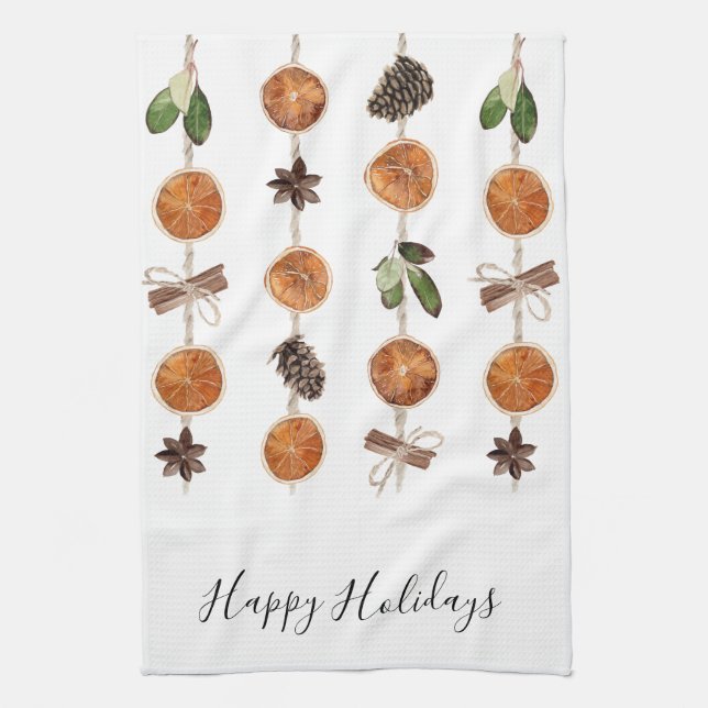 Rustic Citrus Garland Personalized Christmas Kitchen Towel (Vertical)