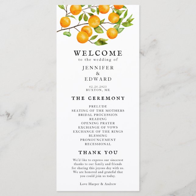 Rustic Citrus Oranges Wedding Ceremony Program (Front)