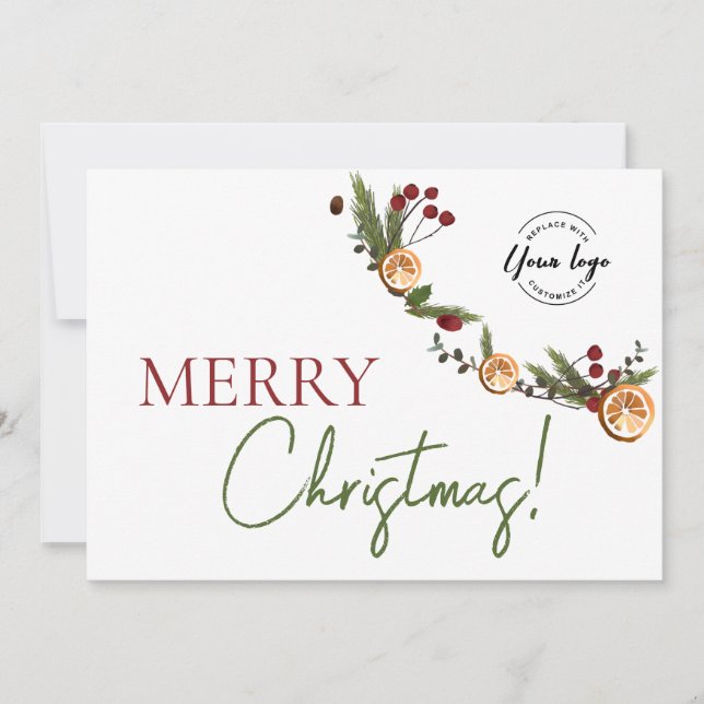 Rustic Citrus & Pine Corporate Merry Christmas Holiday Card (Front)