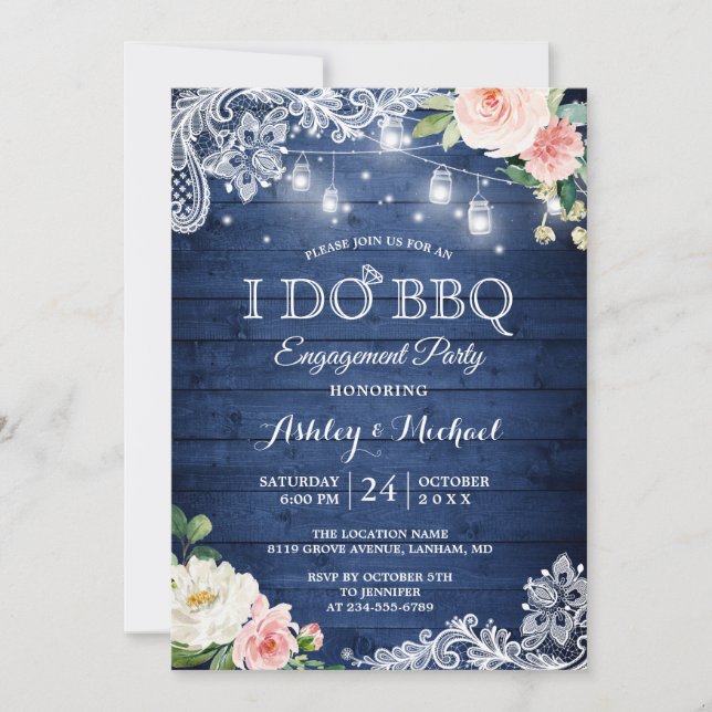 Rustic Classic Blue I DO BBQ Engagement Party Invitation (Front)