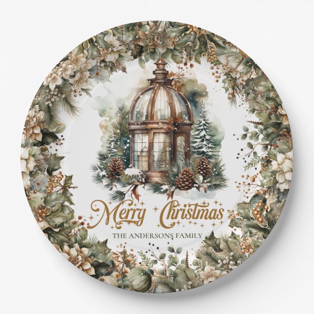 Rustic classic green and gold Christmas lantern Paper Plate (Front)