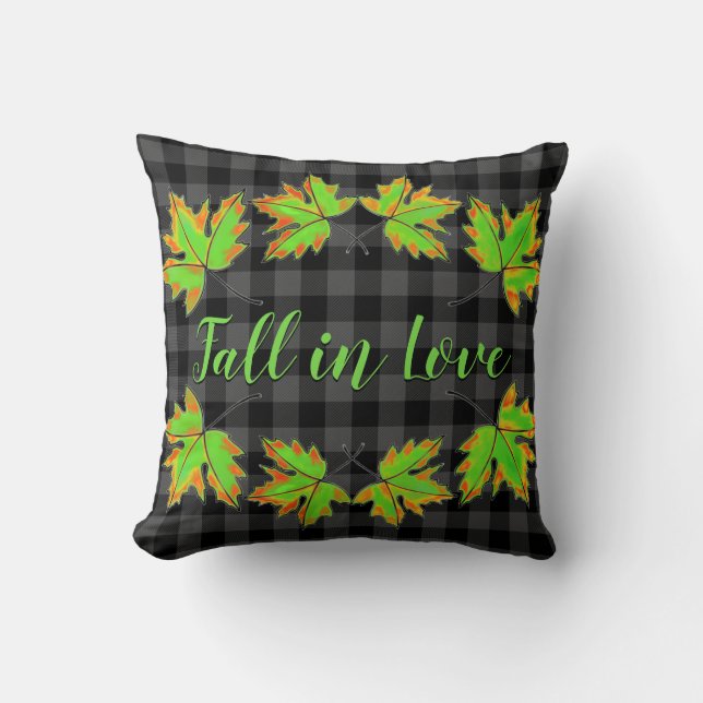 Rustic classic grey plaid maple leaves throw pillow (Front)