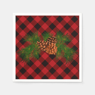 Rustic classic red plaid, green pine cone napkin