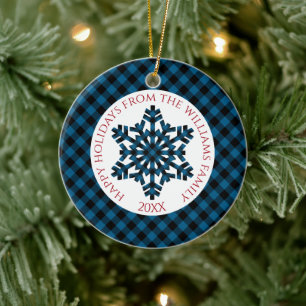 Rustic Classy Blue Black Tartan Checks Snowflakes Ceramic Ornament