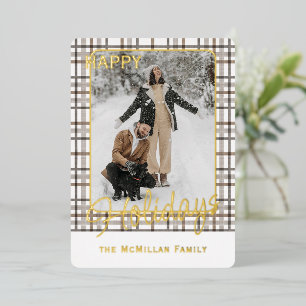 Rustic Classy Elegant Plaid Pattern Gold Foil Holiday Card