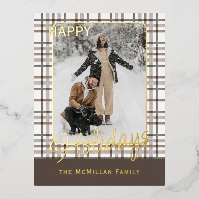 Rustic Classy Elegant Plaid Pattern Gold Foil Holiday Postcard (Front)