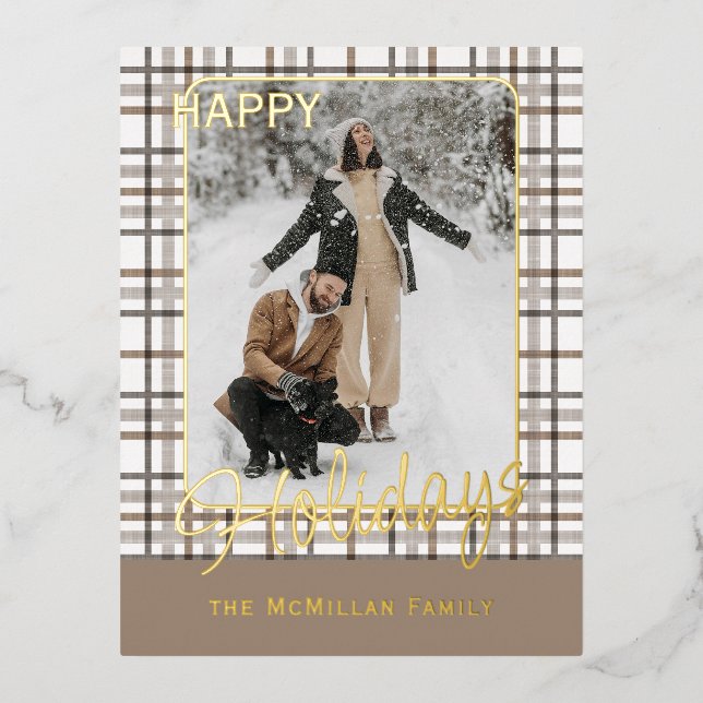 Rustic Classy Elegant Plaid Pattern Gold Foil Holiday Postcard (Front)