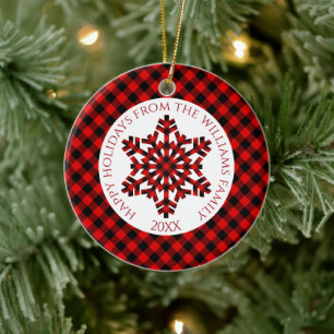 Rustic Classy Red Black Tartan Checks Snowflakes Ceramic Ornament