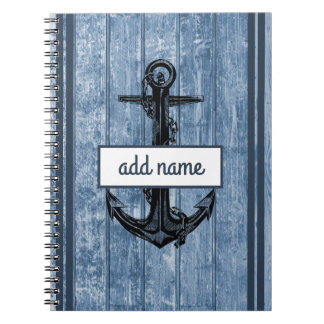 Rustic Coastal Anchor Navy Blue Name Nautical Note Notebook