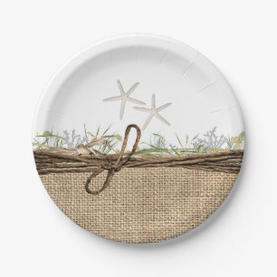 Rustic Coastal Beach Starfish Burlap & Greenery Paper Plate