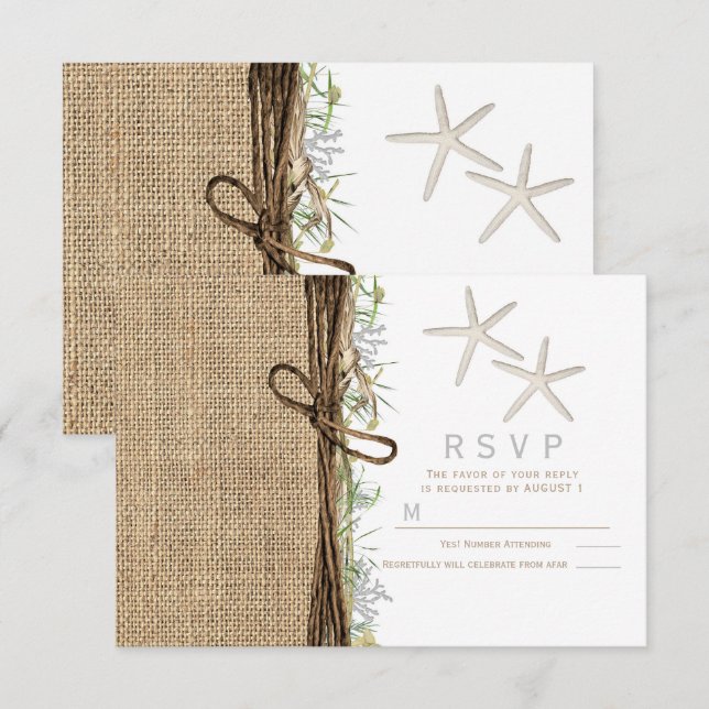 Rustic Coastal Beach Starfish Burlap Wedding RSVP  Invitation (Front/Back)
