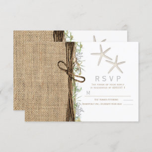 Rustic Coastal Beach Starfish Burlap Wedding RSVP  Invitation