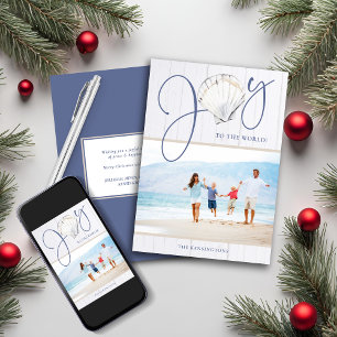 Rustic Coastal Christmas Joy Shell Holiday Photo Card