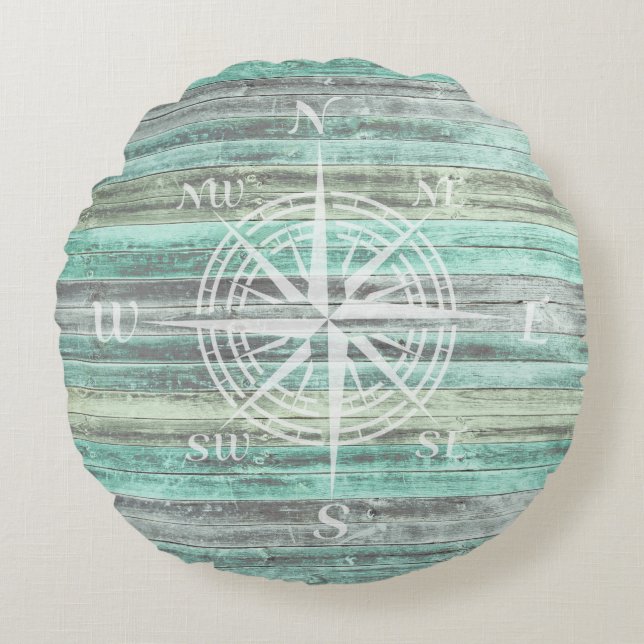 Rustic Coastal Decor Compass Rose Round Pillow (Front)