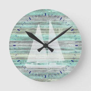 Rustic Coastal Decor Sailboat Round Clock