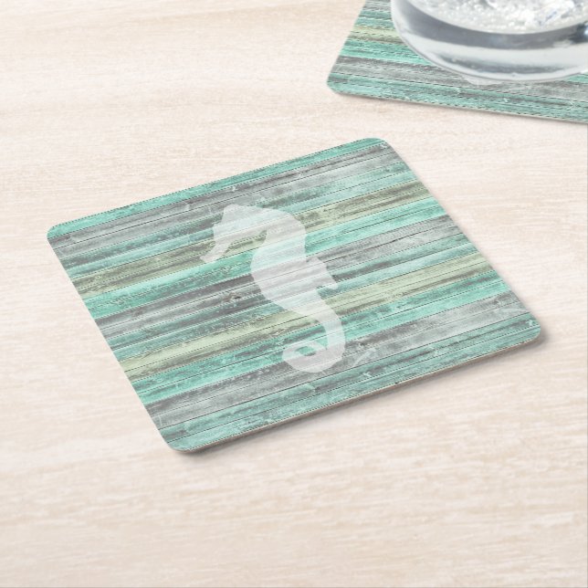 Rustic Coastal Decor Seahorse Square Paper Coaster (Angled)