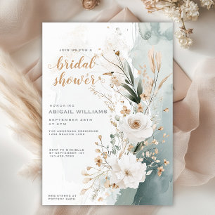 Rustic Coastal Green Gold Floral Bridal Shower Invitation