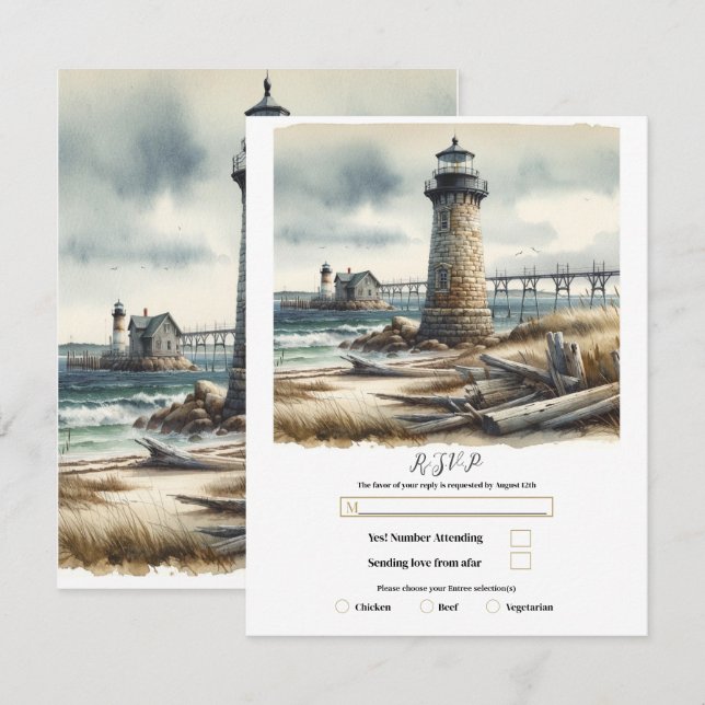 Rustic Coastal Lighthouse Seaside Beach RSVP Invitation (Front/Back)