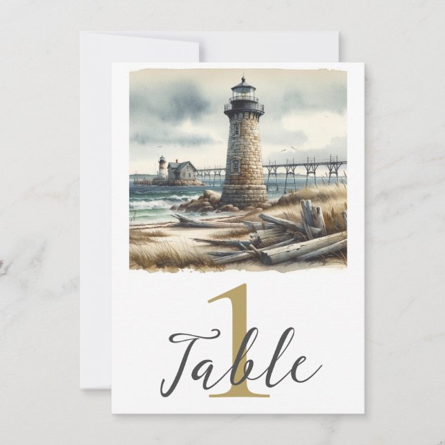 Rustic Coastal Lighthouse Seaside Beach Table  Invitation (Front)