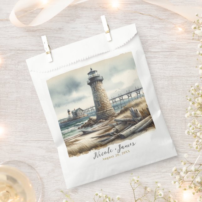 Rustic Coastal Lighthouse Seaside Beach Wedding Favour Bag (Clipped)
