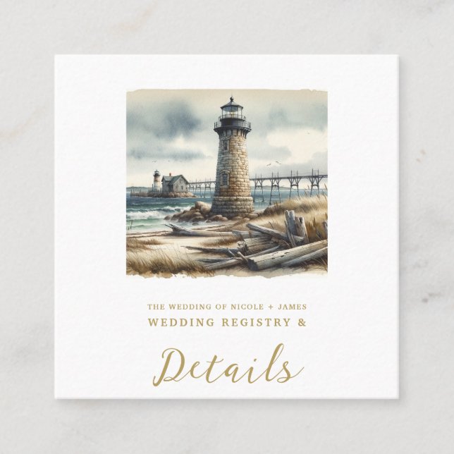 Rustic Coastal Lighthouse Seaside Beach Wedding Square Business Card (Front)