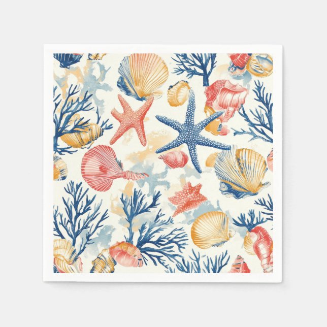 Rustic Coastal - Seashells, Starfish, Reef (10) Napkin (Front)