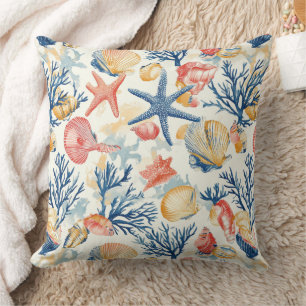 Rustic Coastal - Seashells, Starfish, Reef (10) Throw Pillow