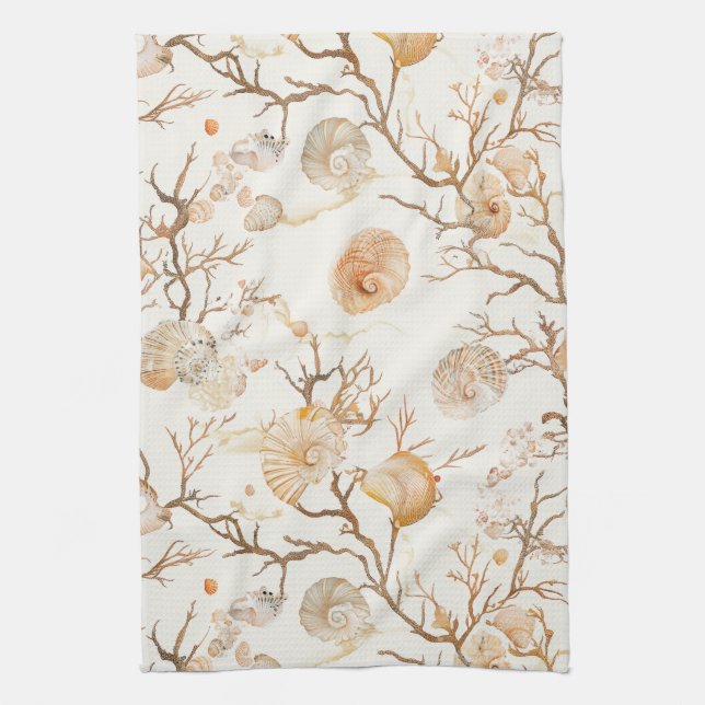 Rustic Coastal - Seashells, Starfish, Reef (14) Kitchen Towel (Vertical)