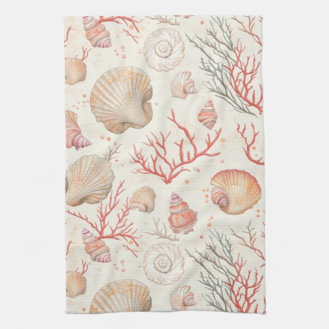 Rustic Coastal - Seashells, Starfish, Reef (16) Kitchen Towel (Vertical)