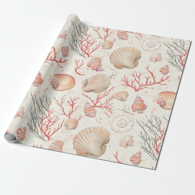 Rustic Coastal - Seashells, Starfish, Reef (16) Wrapping Paper (Unrolled)