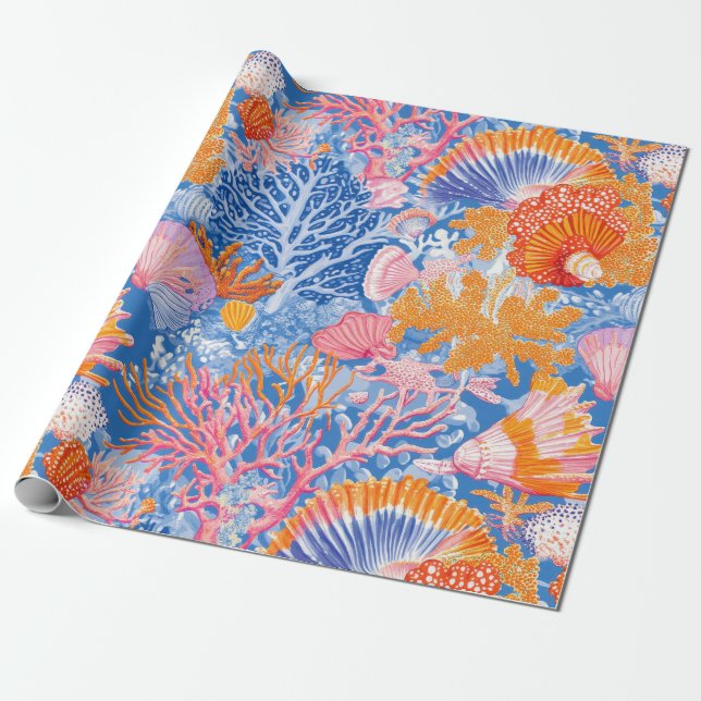 Rustic Coastal - Seashells, Starfish, Reef (19) Wrapping Paper (Unrolled)