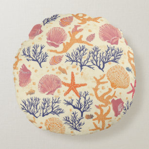 Rustic Coastal - Seashells, Starfish, Reef (1) Round Pillow