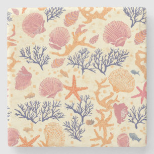 Rustic Coastal - Seashells, Starfish, Reef (1) Stone Coaster