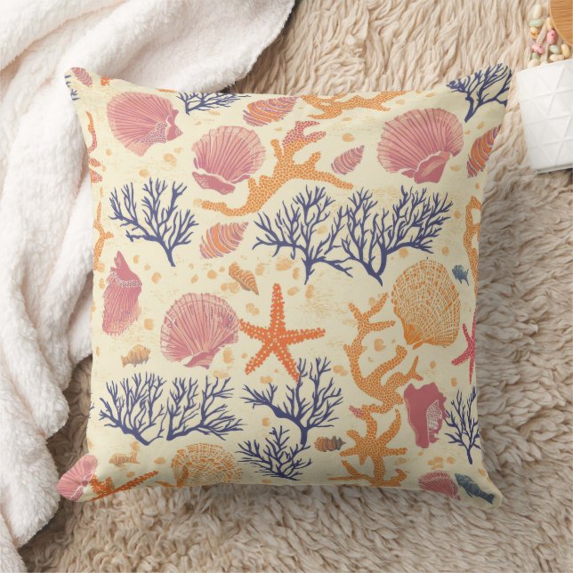 Rustic Coastal - Seashells, Starfish, Reef (1) Throw Pillow (Blanket)