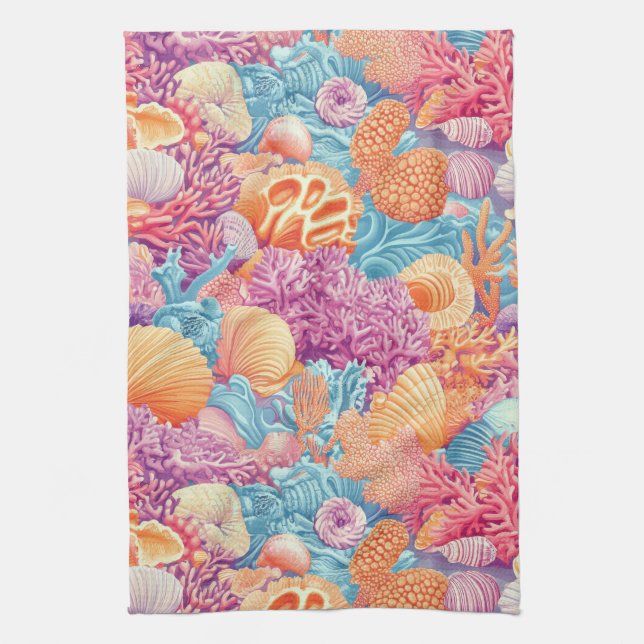 Rustic Coastal - Seashells, Starfish, Reef (20) Kitchen Towel (Vertical)