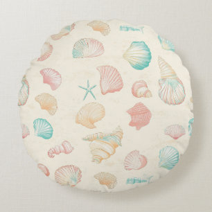 Rustic Coastal - Seashells, Starfish, Reef (22) Round Pillow