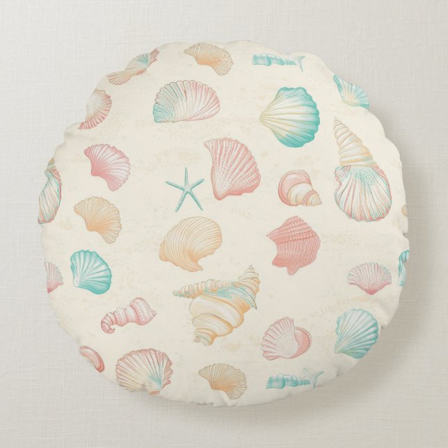 Rustic Coastal - Seashells, Starfish, Reef (22) Round Pillow (Front)