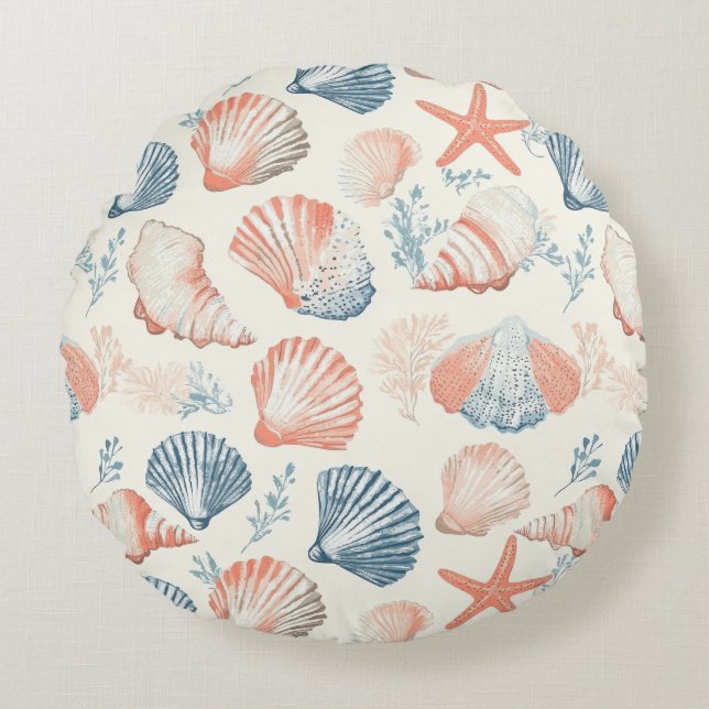 Rustic Coastal - Seashells, Starfish, Reef (23) Round Pillow (Front)