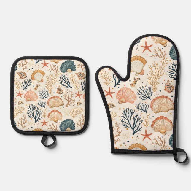Rustic Coastal - Seashells, Starfish, Reef (24) Oven Mitt & Pot Holder Set (Front)