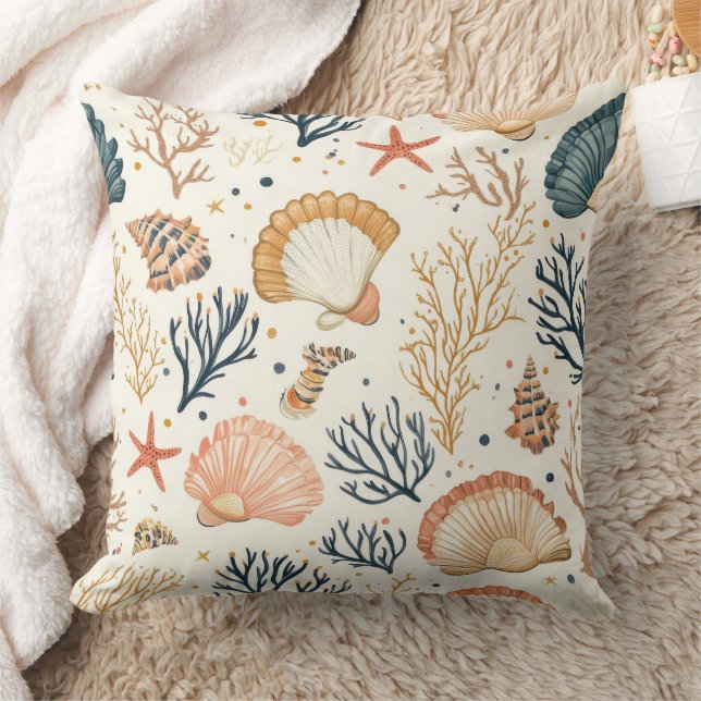 Rustic Coastal - Seashells, Starfish, Reef (24) Throw Pillow (Blanket)