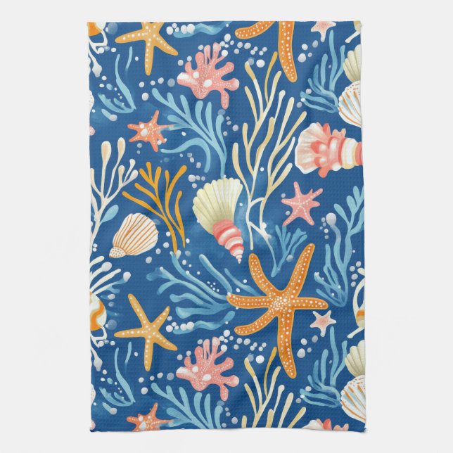 Rustic Coastal - Seashells, Starfish, Reef (26) Kitchen Towel (Vertical)