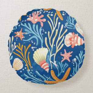 Rustic Coastal - Seashells, Starfish, Reef (26) Round Pillow