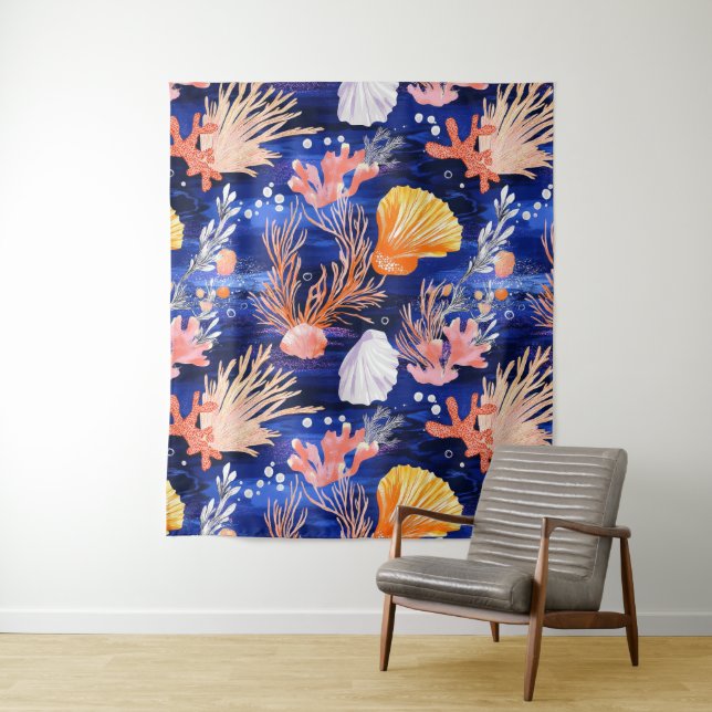 Rustic Coastal - Seashells, Starfish, Reef (27) Tapestry (In Situ)