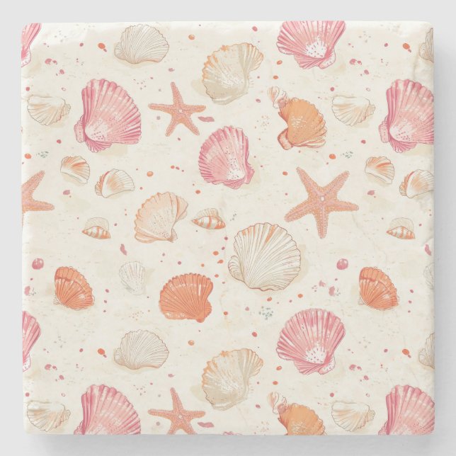 Rustic Coastal - Seashells, Starfish, Reef (28) Stone Coaster (Front)