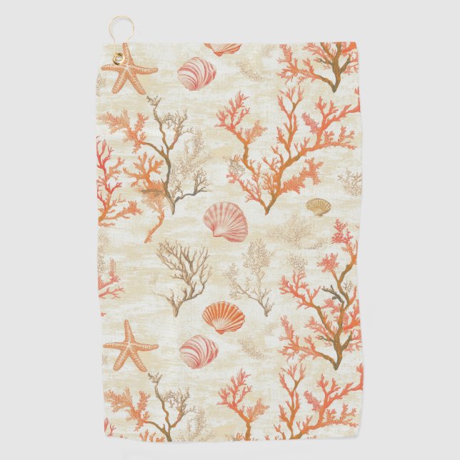 Rustic Coastal - Seashells, Starfish, Reef (2) Golf Towel (Front)